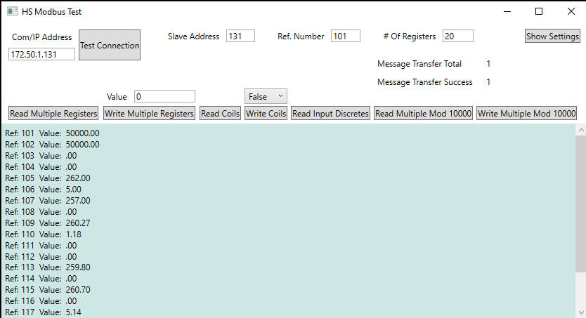 Screenshot of HS Modbus Test